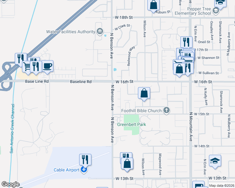 map of restaurants, bars, coffee shops, grocery stores, and more near 1582 Foxdale Court in Upland