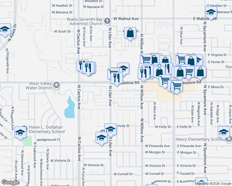 map of restaurants, bars, coffee shops, grocery stores, and more near 474 West Jackson Street in Rialto