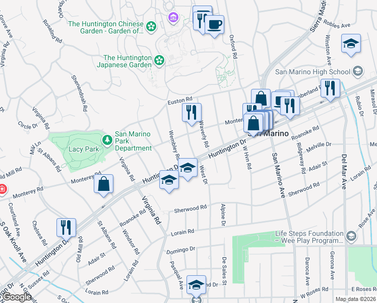 map of restaurants, bars, coffee shops, grocery stores, and more near 1527 Cambridge Road in San Marino