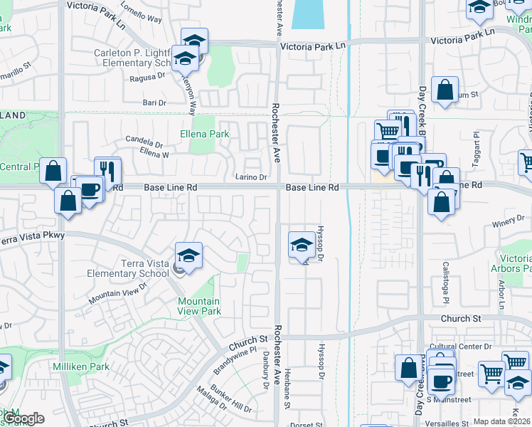 map of restaurants, bars, coffee shops, grocery stores, and more near 7374 Correspondence Place in Rancho Cucamonga