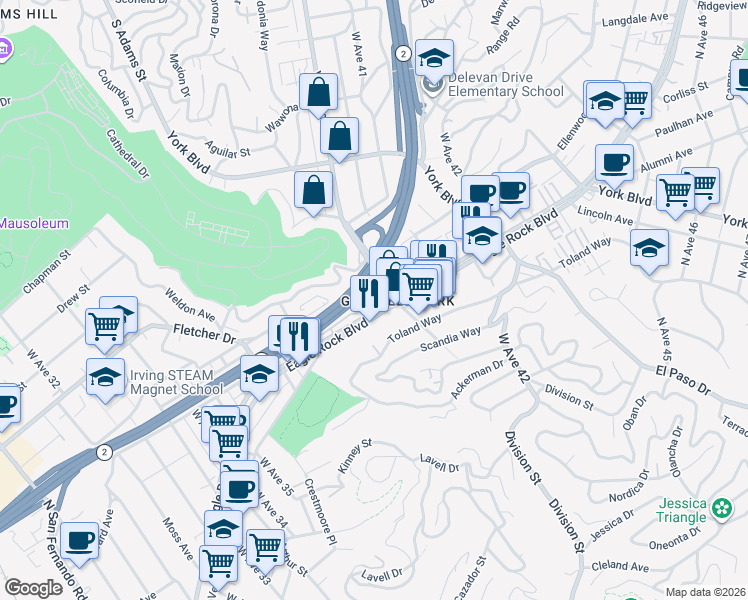 map of restaurants, bars, coffee shops, grocery stores, and more near 3947 North Eagle Rock Boulevard in Los Angeles
