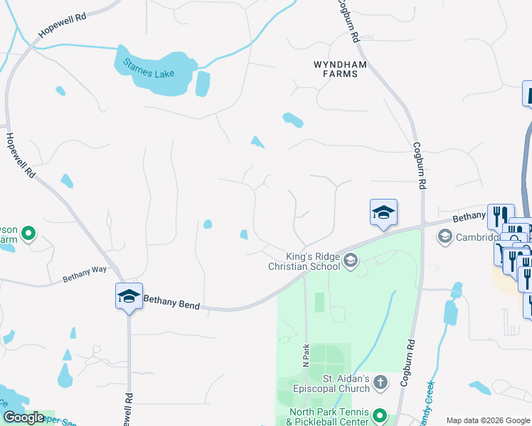 map of restaurants, bars, coffee shops, grocery stores, and more near 2505 Bethany Church Road in Alpharetta