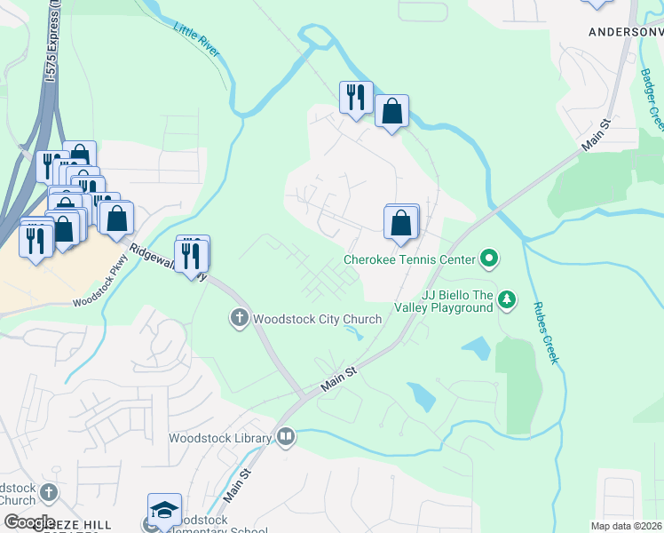 map of restaurants, bars, coffee shops, grocery stores, and more near 304 Bell Park Dr in Woodstock