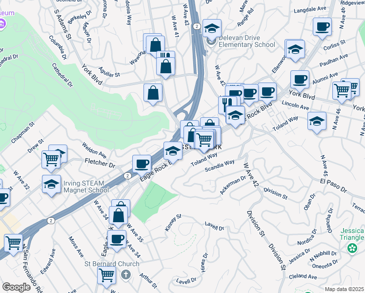map of restaurants, bars, coffee shops, grocery stores, and more near 3945 Eagle Rock Boulevard in Los Angeles