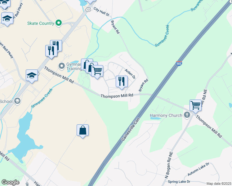 map of restaurants, bars, coffee shops, grocery stores, and more near 2851 Pebblebrook Court in Buford