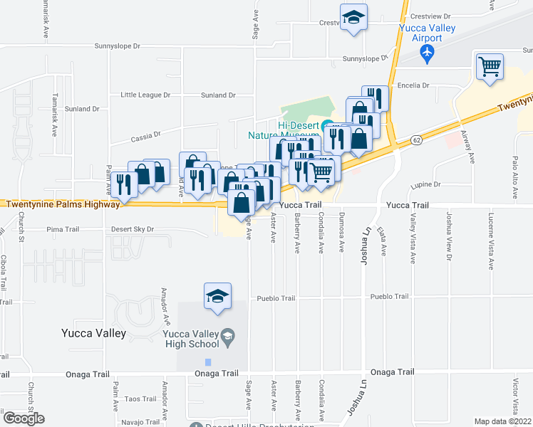 map of restaurants, bars, coffee shops, grocery stores, and more near 56969 Yucca Trail in Yucca Valley