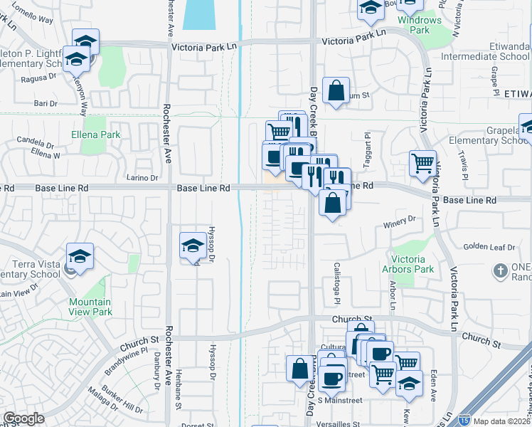 map of restaurants, bars, coffee shops, grocery stores, and more near 7352 Solstice Place in Rancho Cucamonga