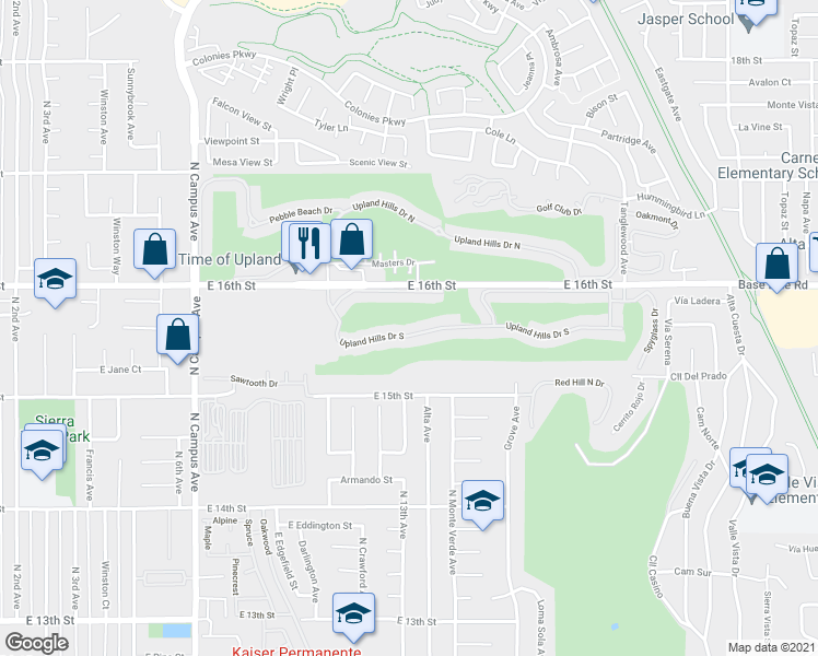 map of restaurants, bars, coffee shops, grocery stores, and more near 1255 Upland Hills Drive South in Upland
