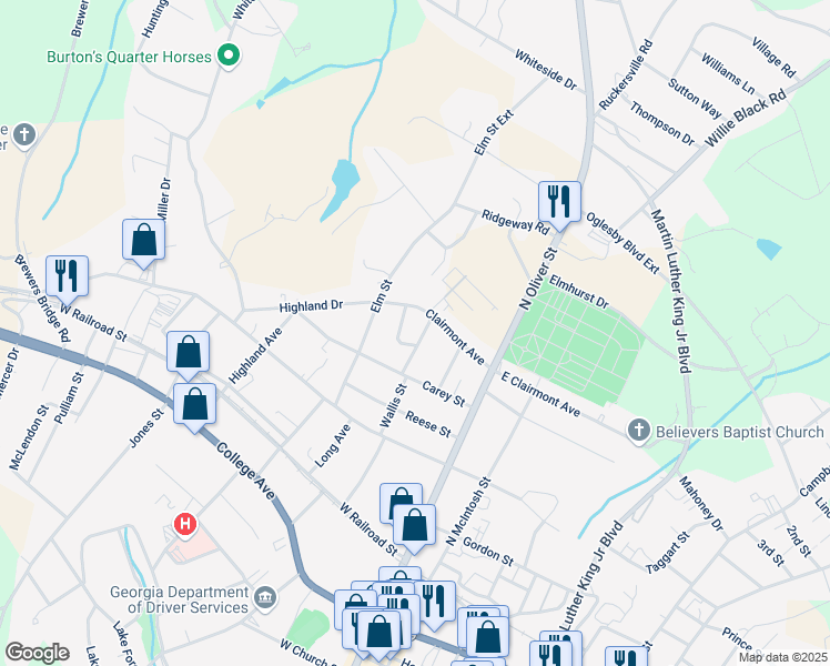map of restaurants, bars, coffee shops, grocery stores, and more near 217 Elizabeth Street in Elberton