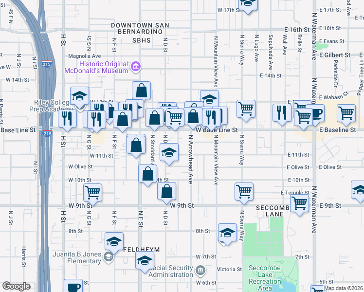 map of restaurants, bars, coffee shops, grocery stores, and more near 1137 North Mayfield Avenue in San Bernardino