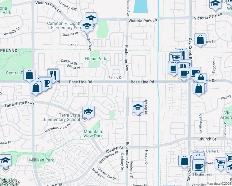 map of restaurants, bars, coffee shops, grocery stores, and more near 7355 Washington Place in Rancho Cucamonga