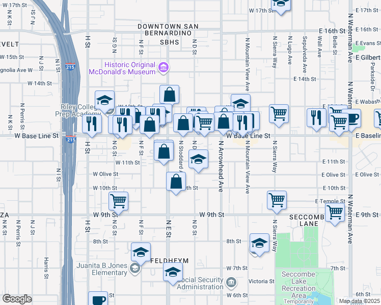 map of restaurants, bars, coffee shops, grocery stores, and more near 1148 North D Street in San Bernardino