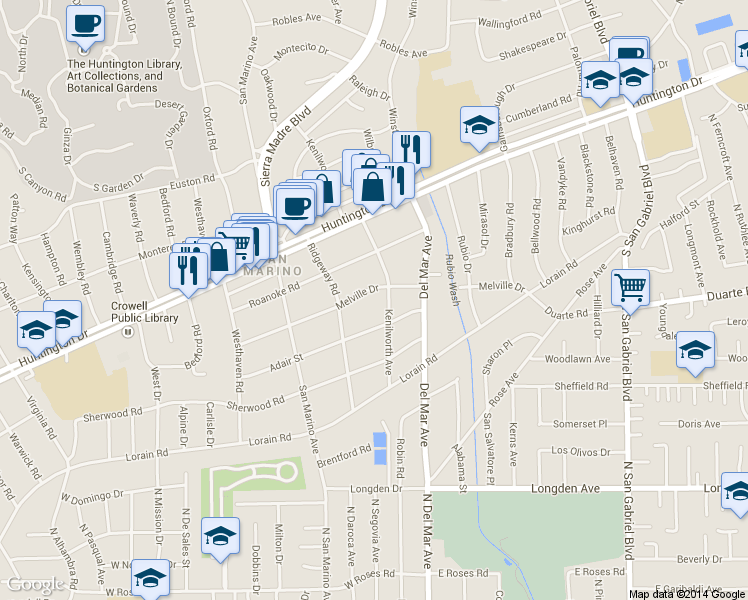 map of restaurants, bars, coffee shops, grocery stores, and more near 2370 Melville Drive in San Marino