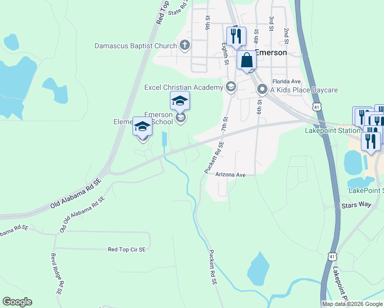 map of restaurants, bars, coffee shops, grocery stores, and more near 155 Old Alabama Road Southeast in Emerson