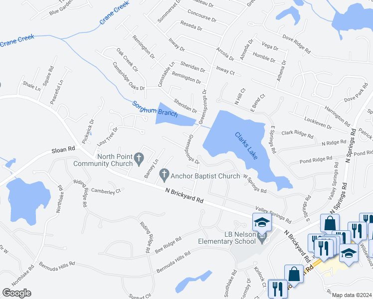 map of restaurants, bars, coffee shops, grocery stores, and more near 84 Green Springs Court in Columbia