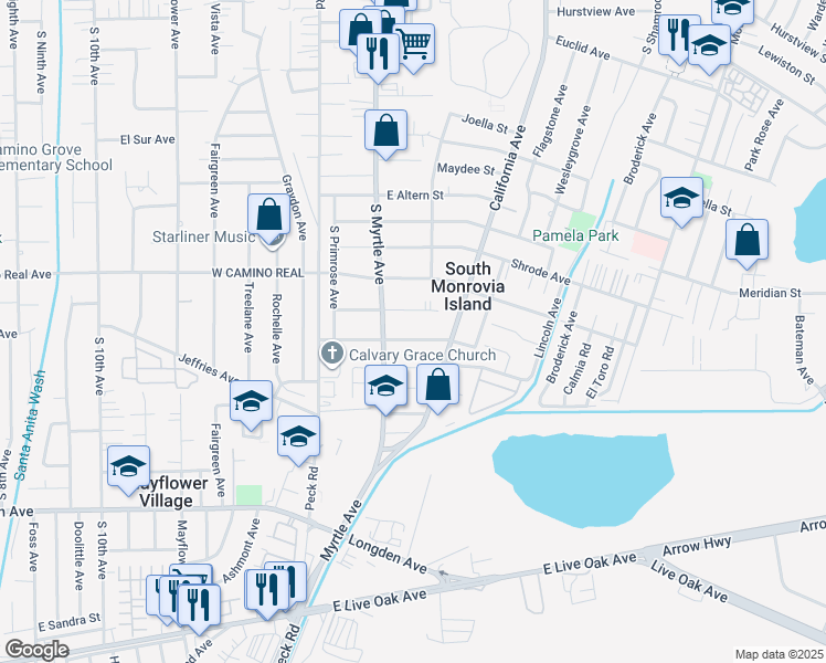 map of restaurants, bars, coffee shops, grocery stores, and more near 224 Andre Street in Monrovia