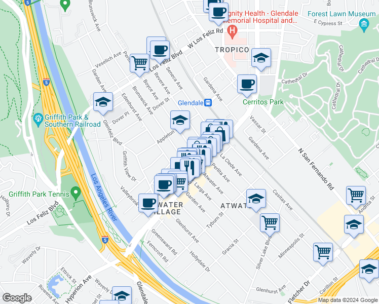 map of restaurants, bars, coffee shops, grocery stores, and more near 3640 Boyce Ave in Los Angeles