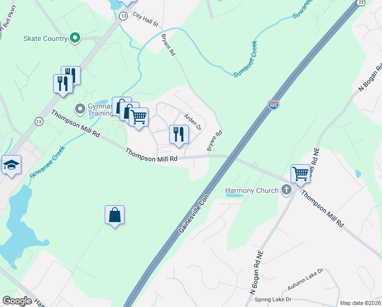map of restaurants, bars, coffee shops, grocery stores, and more near 2879 Pebblebrook Drive in Buford
