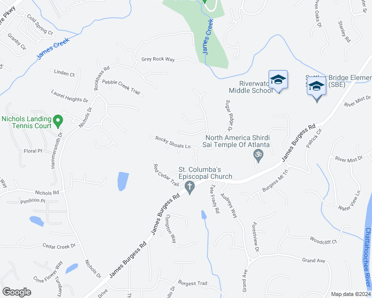 map of restaurants, bars, coffee shops, grocery stores, and more near 1245 Rocky Shoals Lane in Suwanee