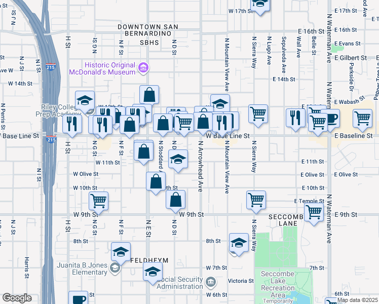 map of restaurants, bars, coffee shops, grocery stores, and more near 1129 North Mayfield Avenue in San Bernardino