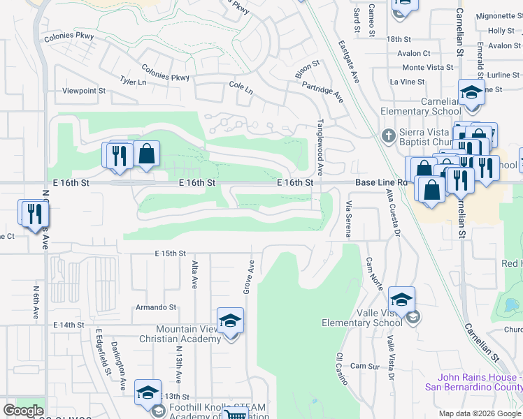 map of restaurants, bars, coffee shops, grocery stores, and more near 1415 Upland Hills Drive South in Upland