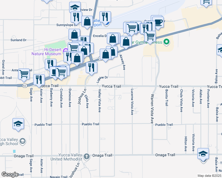 map of restaurants, bars, coffee shops, grocery stores, and more near Yucca Trail in Yucca Valley