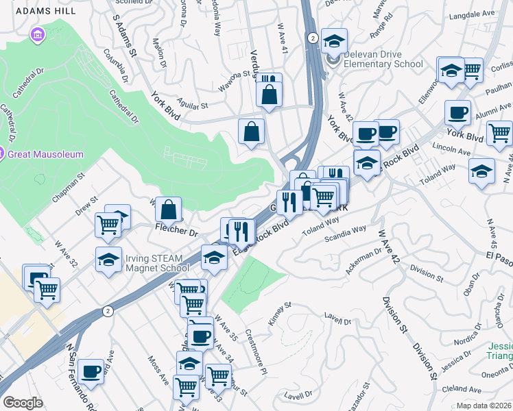 map of restaurants, bars, coffee shops, grocery stores, and more near 3922 Roderick Road in Los Angeles