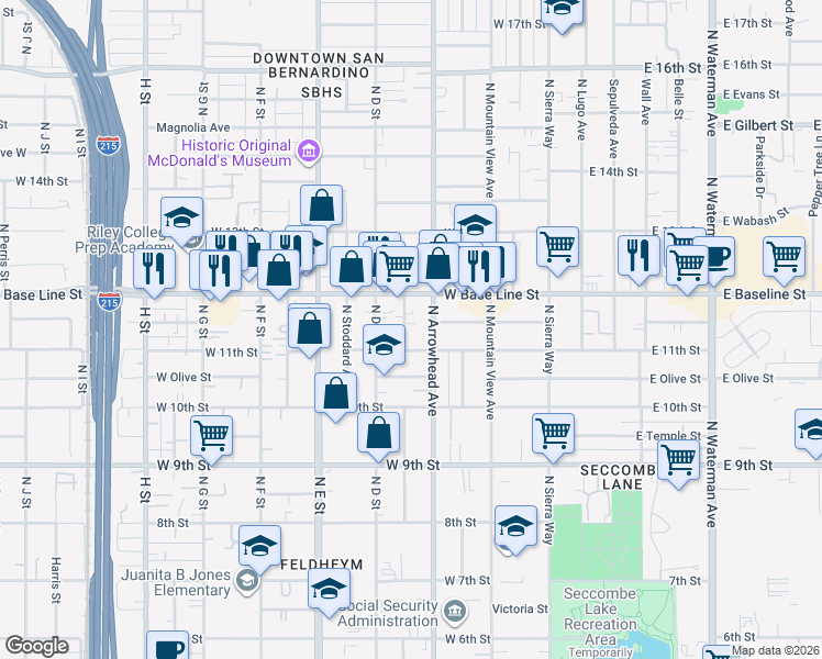 map of restaurants, bars, coffee shops, grocery stores, and more near 1129 North Mayfield Avenue in San Bernardino