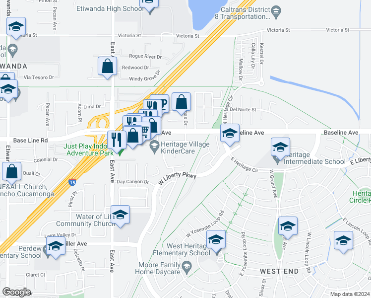 map of restaurants, bars, coffee shops, grocery stores, and more near 13608 Burnside Place in Fontana