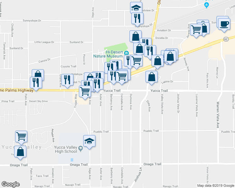 map of restaurants, bars, coffee shops, grocery stores, and more near 57057 Yucca Trail in Yucca Valley