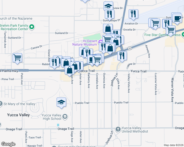 map of restaurants, bars, coffee shops, grocery stores, and more near 57057 Yucca Trail in Yucca Valley