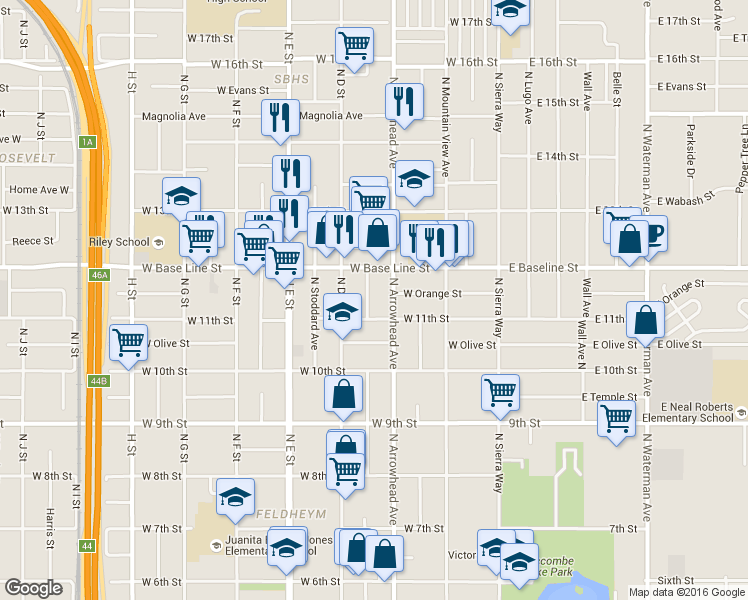map of restaurants, bars, coffee shops, grocery stores, and more near 1164 North Mayfield Avenue in San Bernardino