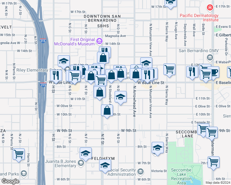 map of restaurants, bars, coffee shops, grocery stores, and more near 1148 North D Street in San Bernardino