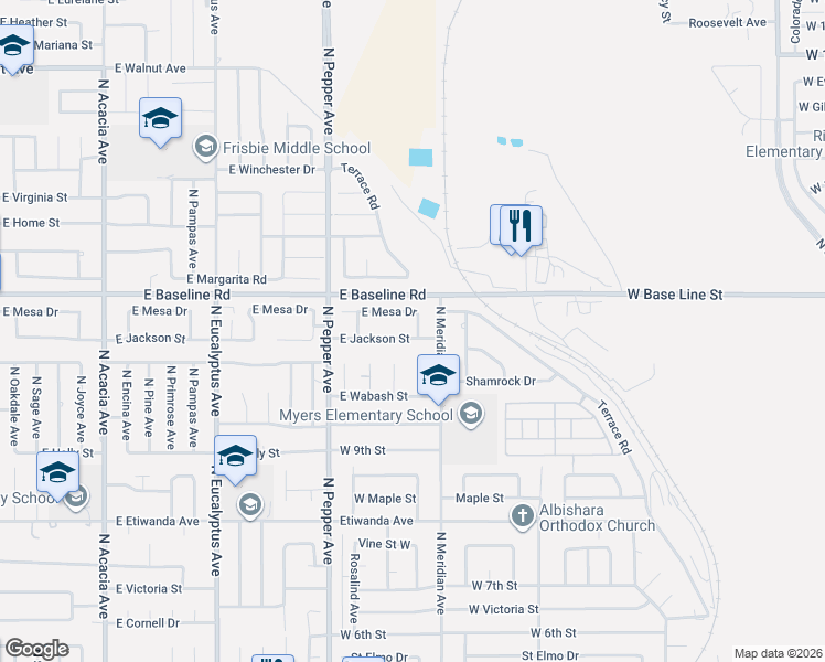map of restaurants, bars, coffee shops, grocery stores, and more near 1152 North Belden Avenue in Rialto