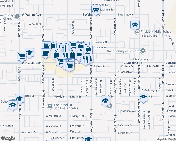 map of restaurants, bars, coffee shops, grocery stores, and more near 1141 North Sycamore Avenue in Rialto