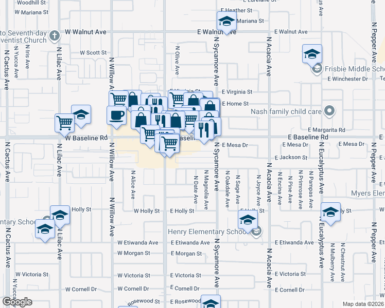 map of restaurants, bars, coffee shops, grocery stores, and more near 232 East Jackson Street in Rialto