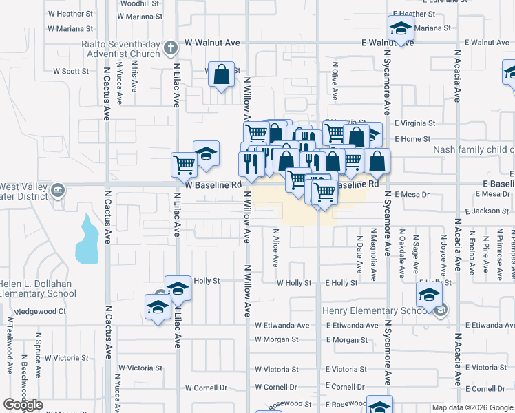 map of restaurants, bars, coffee shops, grocery stores, and more near 236 West Jackson Street in Rialto