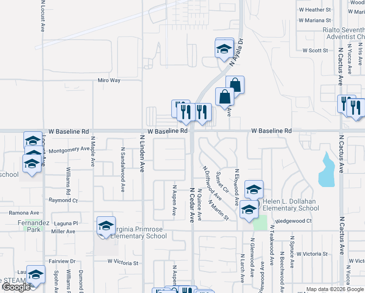 map of restaurants, bars, coffee shops, grocery stores, and more near 1331 West Mesa Drive in Rialto