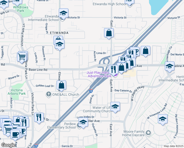map of restaurants, bars, coffee shops, grocery stores, and more near 7331 Shelby Place in Rancho Cucamonga