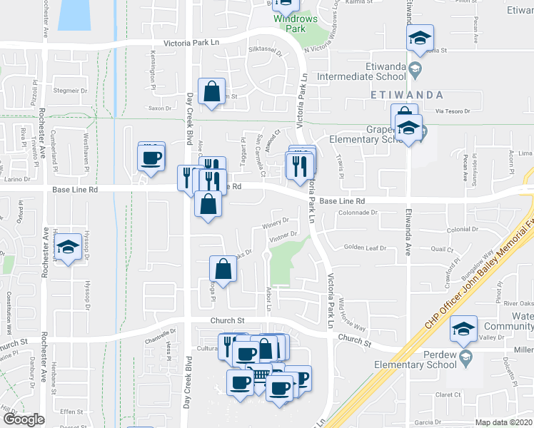 map of restaurants, bars, coffee shops, grocery stores, and more near 12467 Base Line Road in Rancho Cucamonga