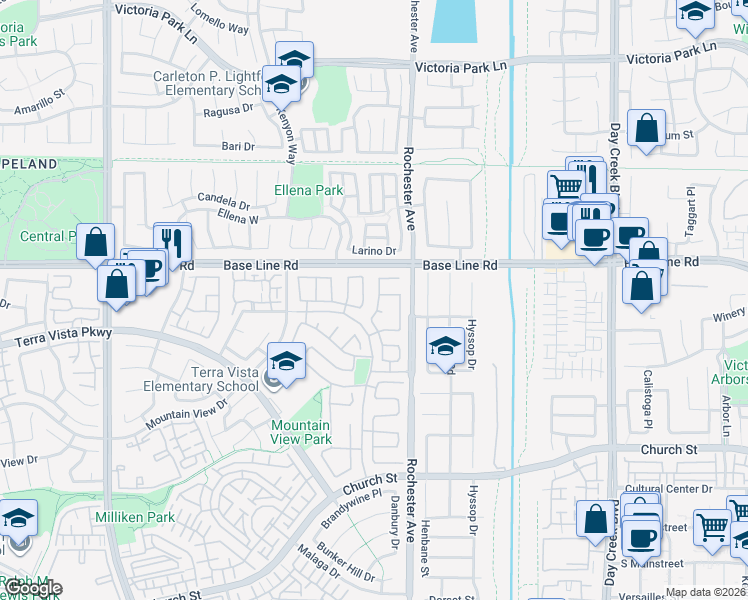 map of restaurants, bars, coffee shops, grocery stores, and more near 7355 Washington Place in Rancho Cucamonga