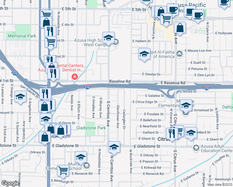 map of restaurants, bars, coffee shops, grocery stores, and more near 18024 East Alford Street in Azusa