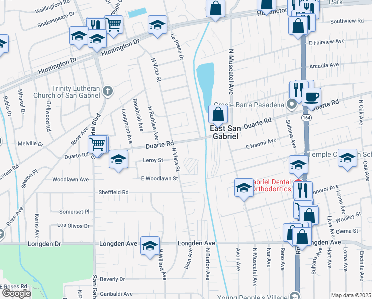map of restaurants, bars, coffee shops, grocery stores, and more near 8538 Duarte Road in San Gabriel