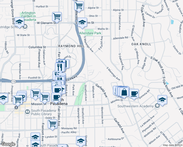 map of restaurants, bars, coffee shops, grocery stores, and more near 504a Hardison Place in South Pasadena