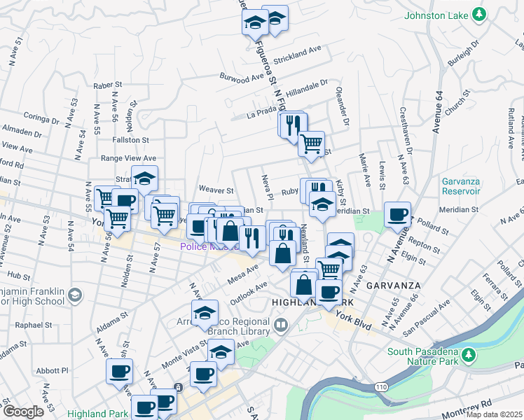 map of restaurants, bars, coffee shops, grocery stores, and more near 6021 Meridian Street in Los Angeles