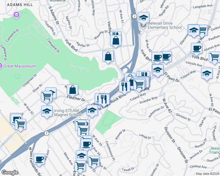 map of restaurants, bars, coffee shops, grocery stores, and more near 3922 Roderick Road in Los Angeles