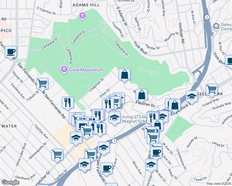 map of restaurants, bars, coffee shops, grocery stores, and more near 3367 Andrita Street in Los Angeles