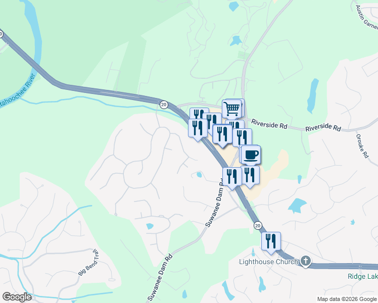 map of restaurants, bars, coffee shops, grocery stores, and more near 458 Laurel Run Place in Sugar Hill