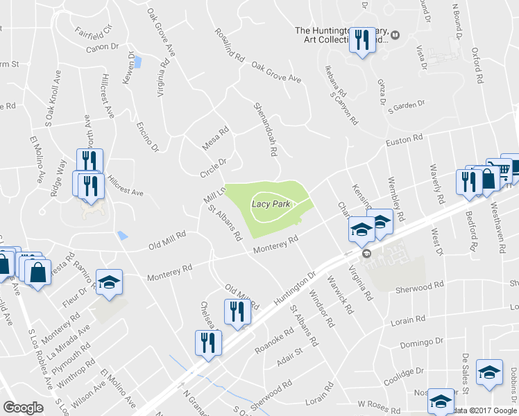 map of restaurants, bars, coffee shops, grocery stores, and more near 1459 Virginia Road in San Marino