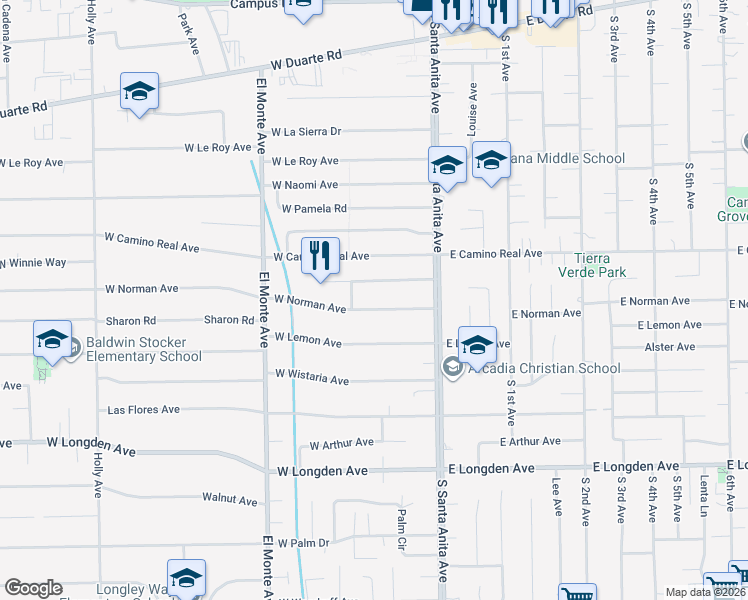map of restaurants, bars, coffee shops, grocery stores, and more near 71 West Norman Avenue in Arcadia